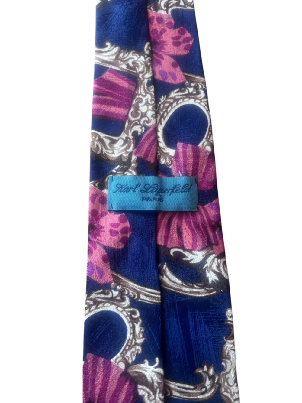 Vintage Karl Lagerfeld Paris Silk Tie Blue Pink Baroque Floral Necktie